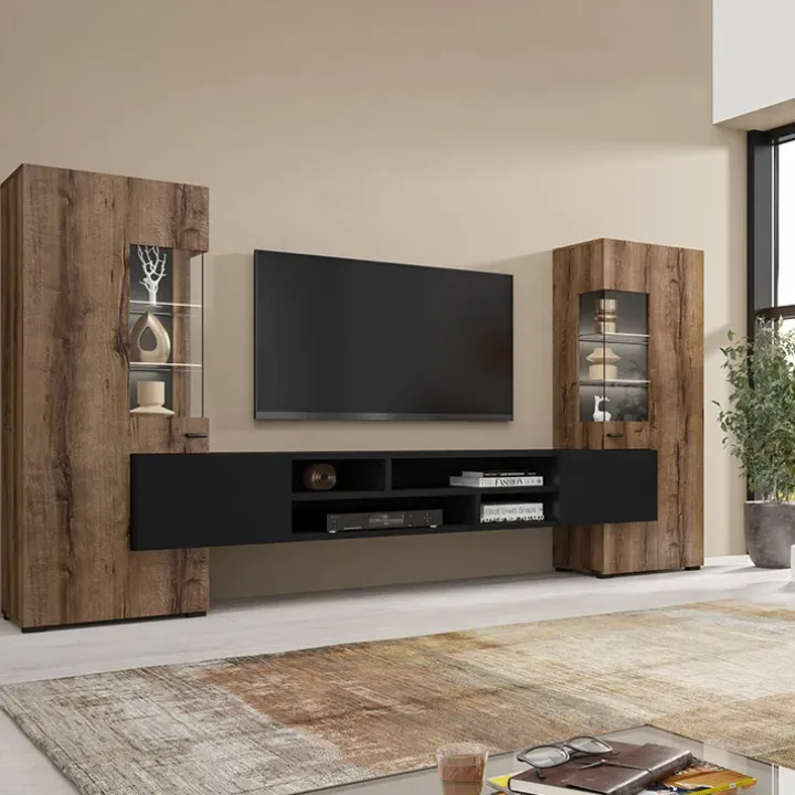 Parete attrezzata 270x143h cm moderna rovere scuro nero Maserati