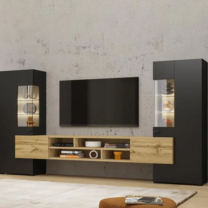 Parete attrezzata 270x143h cm moderna nero rovere chiaro Maserati