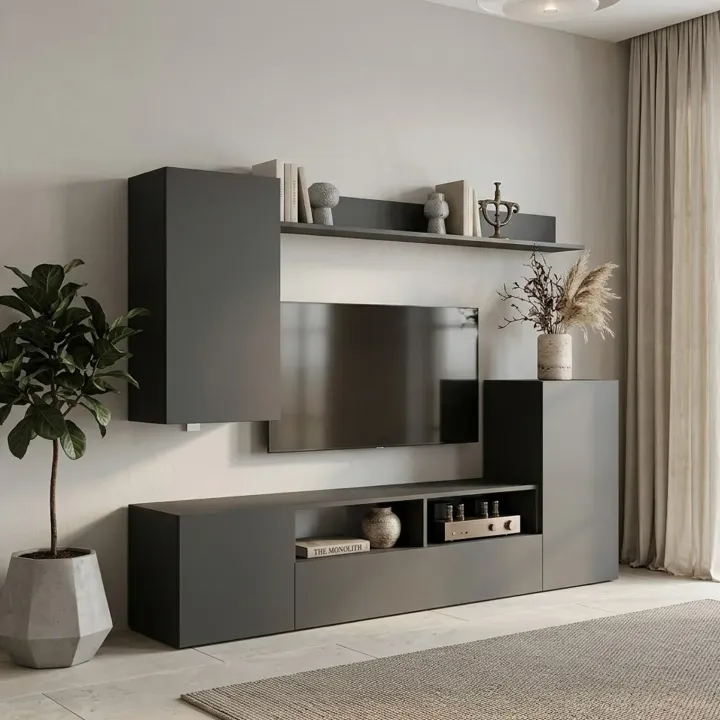 Parete attrezzata 210x161h cm moderna soggiorno antracite Cinematic