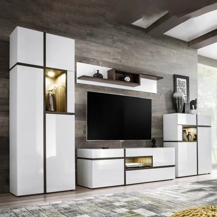 Parete attrezzata 310x197h cm moderna bianco lucido Mackay Gihome®