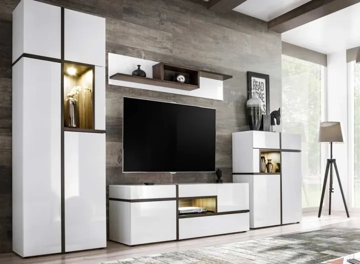 Parete attrezzata 310x197h cm moderna bianco lucido Mackay Gihome®