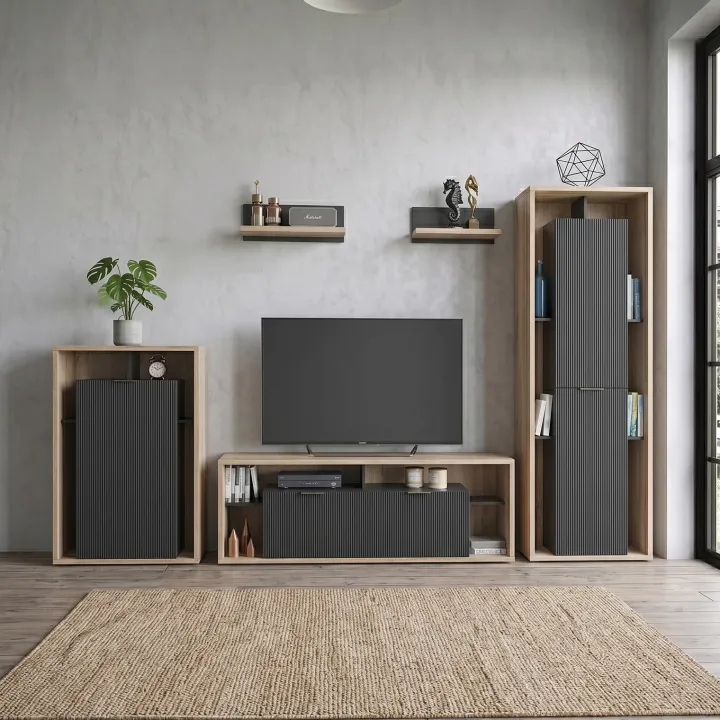 Parete attrezzata 310x201h cm moderna cannettato rovere nero Savona