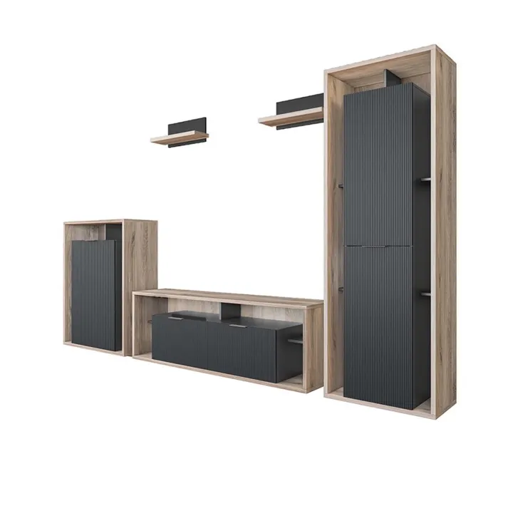 Parete attrezzata 310x201h cm moderna cannettato rovere nero Savona