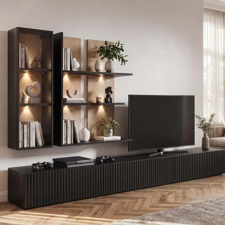 Parete attrezzata 300x160h cm moderna cannettato rovere nero Stripe