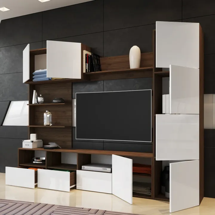 Parete attrezzata 230x184h cm porta tv soggiorno bianco noce Clyton Gihome®