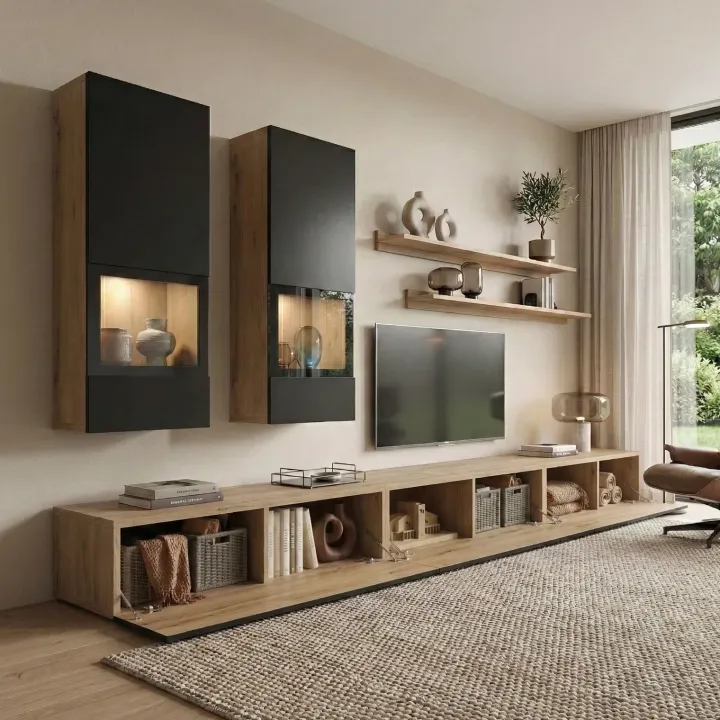 Parete attrezzata 270x176h cm rovere rustico nero Emotion Gihome®