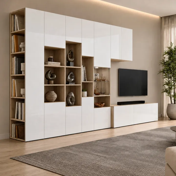 Parete attrezzata 340x205h cm rovere bianco lucido con led Shanti