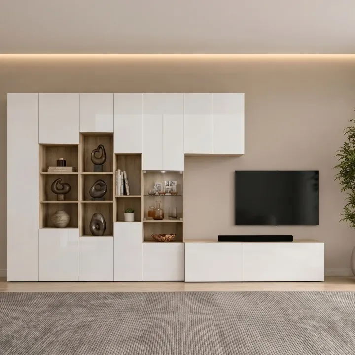 Parete attrezzata 340x205h cm rovere bianco lucido con led Shanti