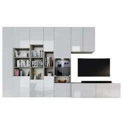 Parete attrezzata 340x205h cm rovere bianco lucido con led Shanti