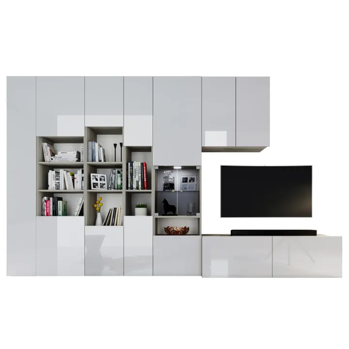 Parete attrezzata 340x205h cm rovere bianco lucido con led Shanti