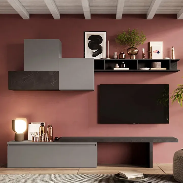 Parete attrezzata 276x200h cm salvaspazio grigio scuro antracite Sunset 15