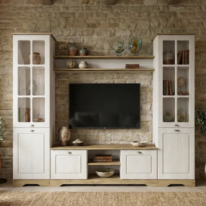 Parete attrezzata 234x181h cm shabby soggiorno bianco opaco Loira