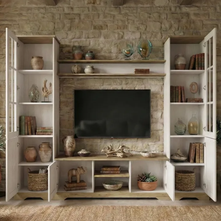 Parete attrezzata 234x181h cm shabby soggiorno bianco opaco Loira