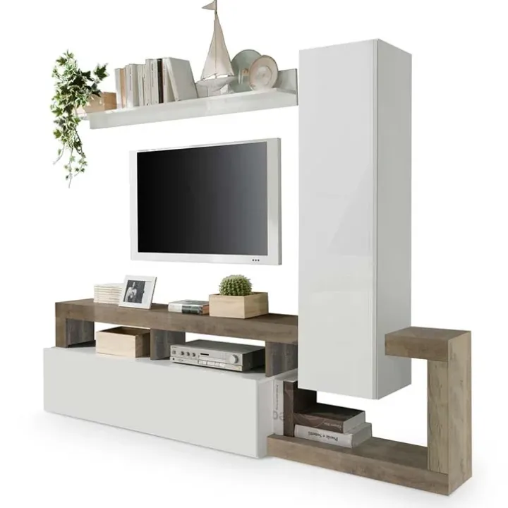 Parete attrezzata 219x200h cm soggiorno bianco lucido pero Invictus 2
