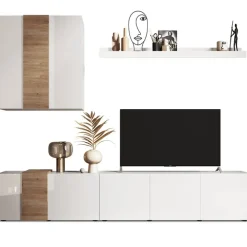 Parete attrezzata 301x220h cm soggiorno moderna bianco lucido rovere Universal