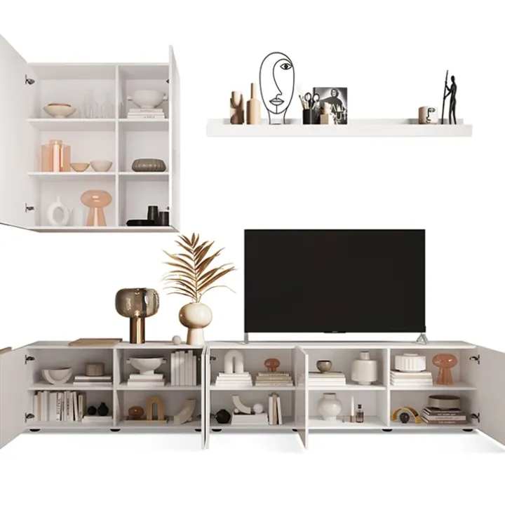 Parete attrezzata 301x220h cm soggiorno moderna bianco lucido rovere Universal