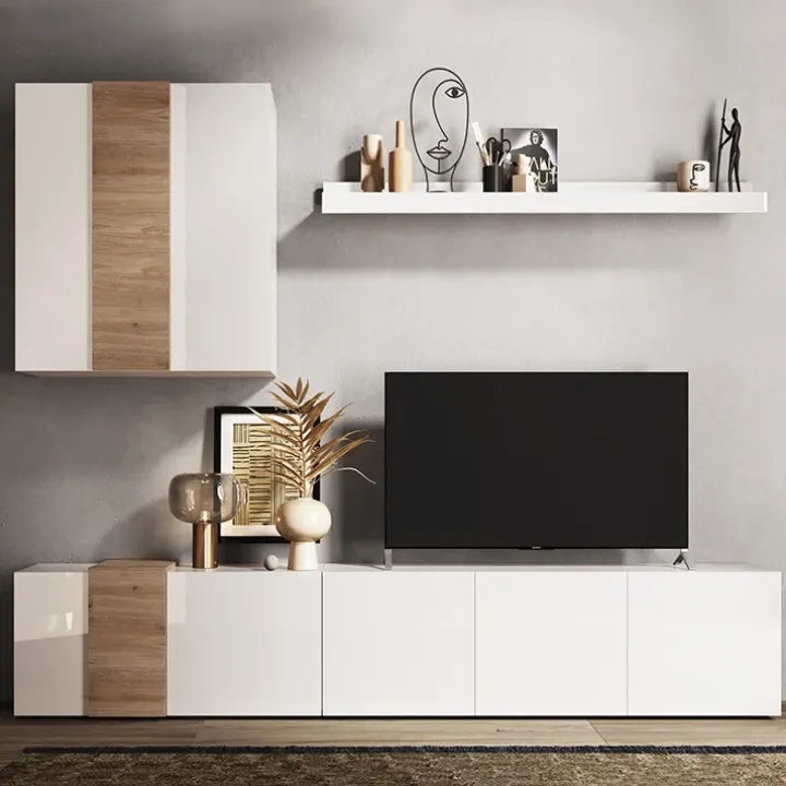 Parete attrezzata 301x220h cm soggiorno moderna bianco lucido rovere Universal