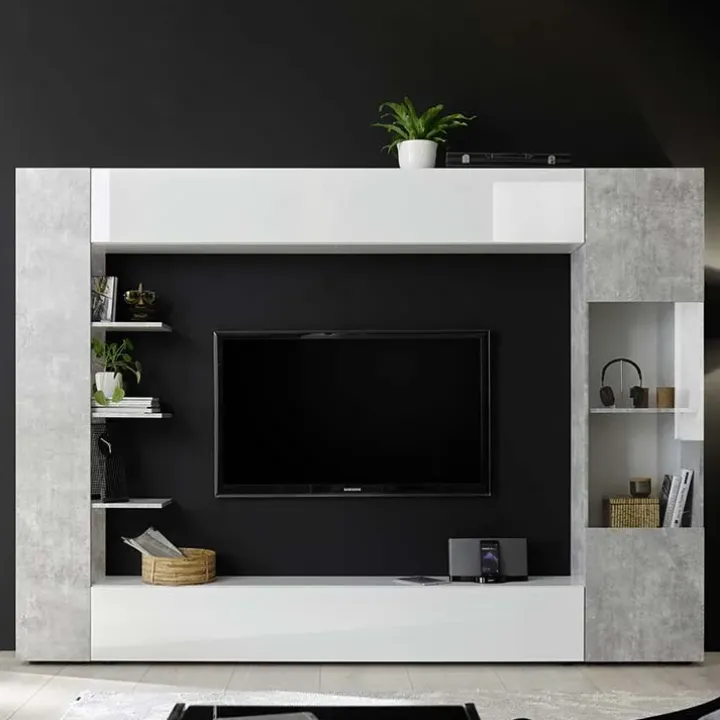 Parete attrezzata 257x187h cm soggiorno bianco lucido cemento Steppi 3