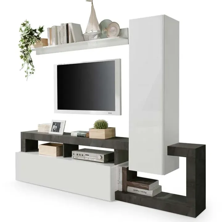 Parete attrezzata 219x200h cm soggiorno bianco lucido ossido Invictus 2
