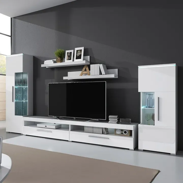 Parete attrezzata 350x170h cm soggiorno bianco lucido Frisk