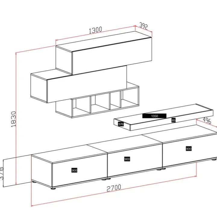 Parete attrezzata 270x183h cm soggiorno noce bianco spatolato America Gihome®