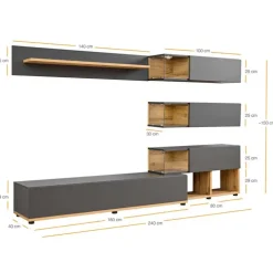 Parete attrezzata 240x150h cm soggiorno rovere antracite Oviedo Gihome®