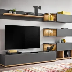 Parete attrezzata 240x150h cm soggiorno rovere antracite Oviedo Gihome®