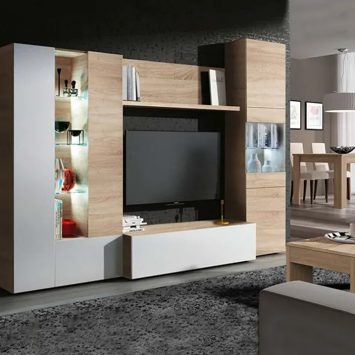 Parete attrezzata 260x185h cm soggiorno rovere bianco lucido Gary