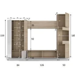 Parete attrezzata 260x185h cm soggiorno rovere bianco lucido Gary