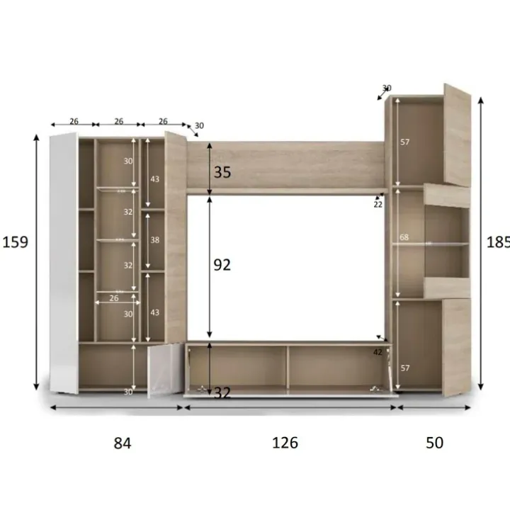 Parete attrezzata 260x185h cm soggiorno rovere bianco lucido Gary