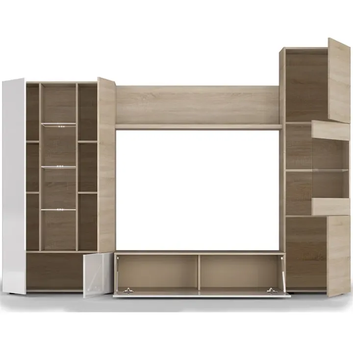 Parete attrezzata 260x185h cm soggiorno rovere bianco lucido Gary