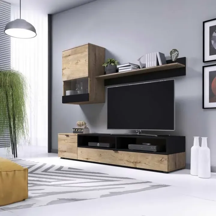 Parete attrezzata 175x170h cm soggiorno rovere nero opaco Oden
