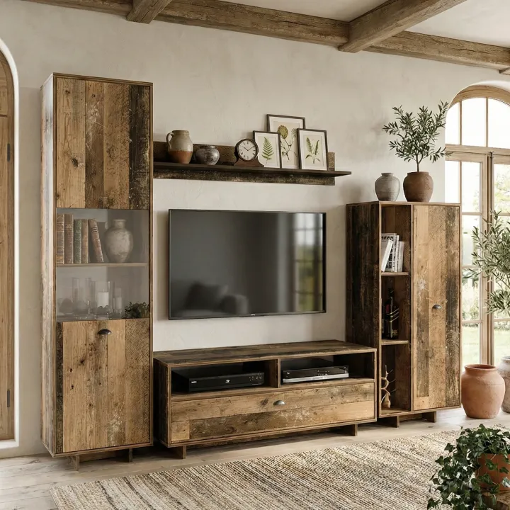 Parete attrezzata 260x185h cm soggiorno legno antico West Gihome®