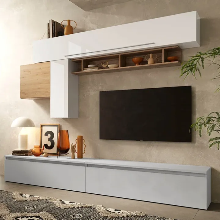 Parete attrezzata 276x190h cm soggiorno bianco rovere grigio chiaro Sunset 17