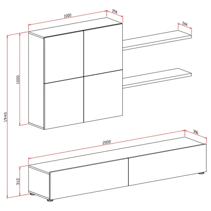 Parete attrezzata 200x195h cm soggiorno bianco frassinato antracite Euphoria