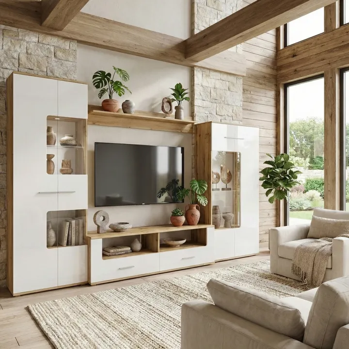 Parete attrezzata 280x185h cm soggiorno bianco lucido rovere Wall