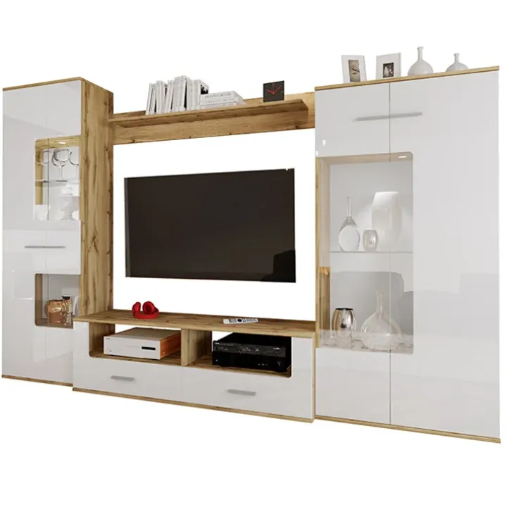 Parete attrezzata 280x185h cm soggiorno bianco lucido rovere Wall