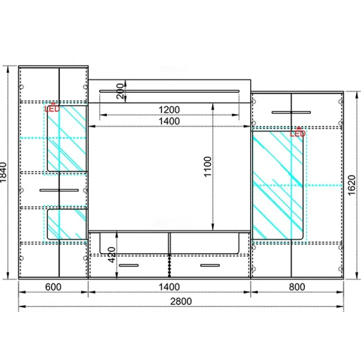 Parete attrezzata 280x185h cm soggiorno bianco lucido rovere Wall