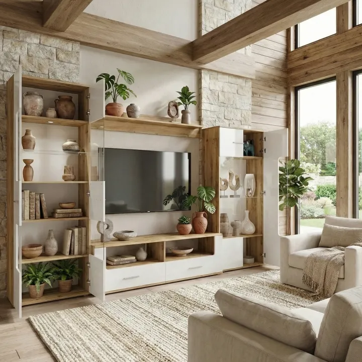 Parete attrezzata 280x185h cm soggiorno bianco lucido rovere Wall