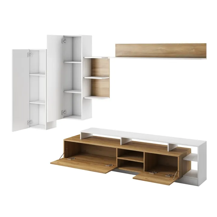 Parete attrezzata 260x190h cm soggiorno moderna rovere bianco opaco Blob