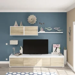 Parete attrezzata 200x140h cm soggiorno rovere bianco opaco Itaca