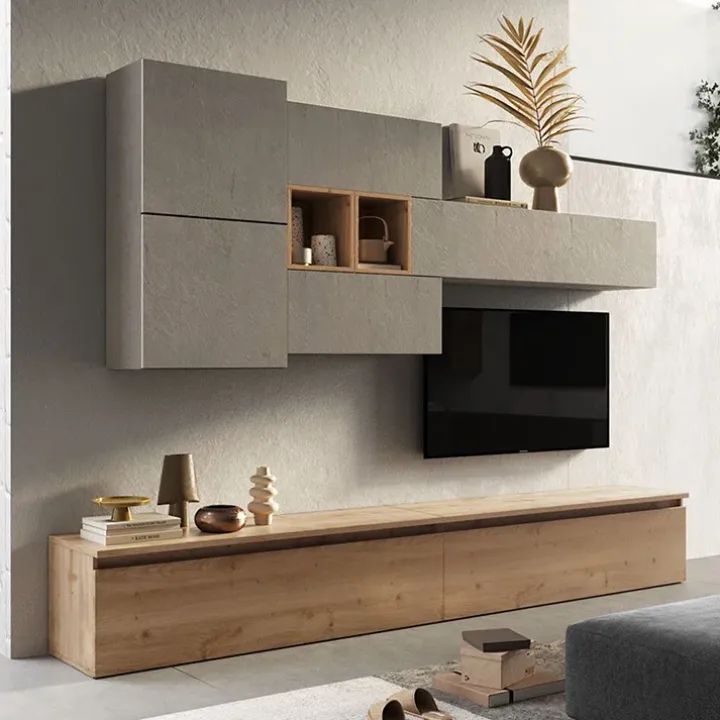 Parete attrezzata 276x190h cm soggiorno tortora rovere chiaro Sunset 24