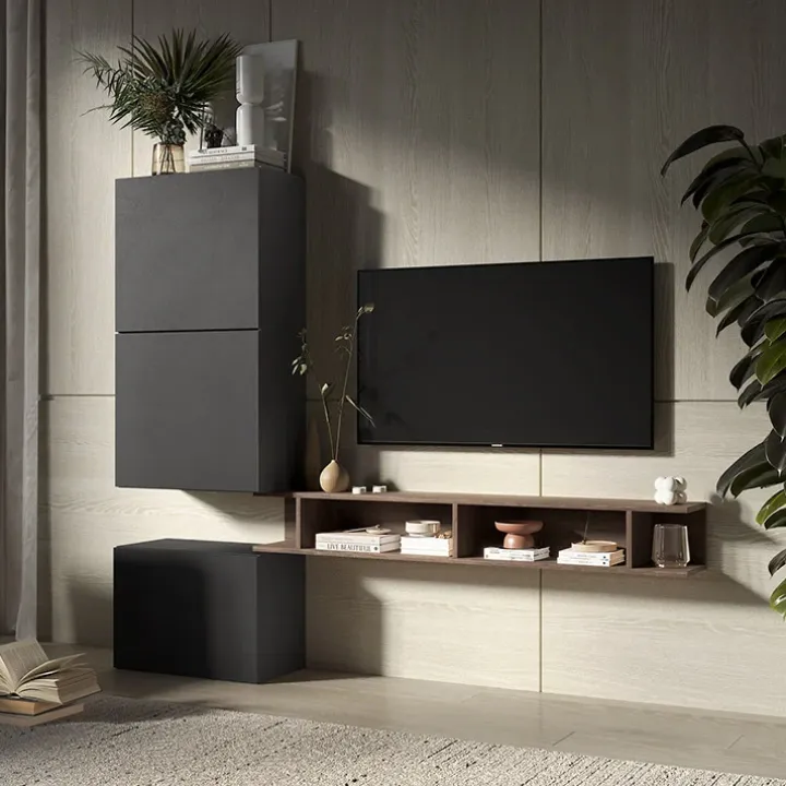 Parete attrezzata 180x160h cm soggiorno ossido nero rovere scuro Sunset 51