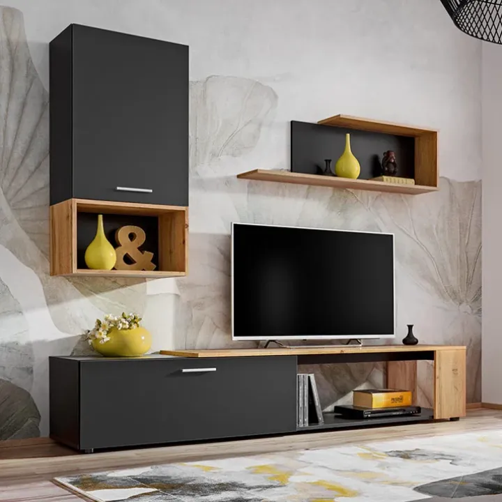 Parete attrezzata 200x180h cm soggiorno nero opaco rovere Caravaggio 2