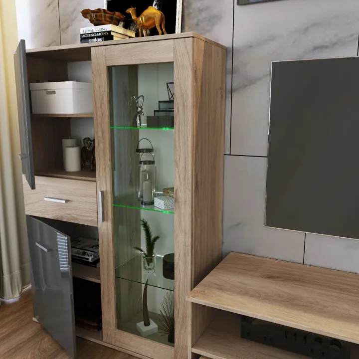 Parete attrezzata 390x201h cm soggiorno rovere grigio lucido Diran
