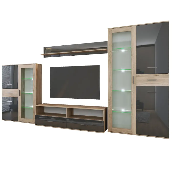 Parete attrezzata 390x201h cm soggiorno rovere grigio lucido Diran