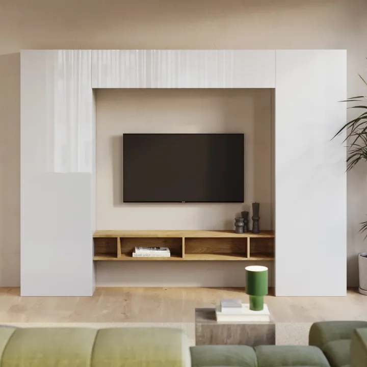 Parete attrezzata 246x186h cm soggiorno rovere chiaro bianco Sunset 1000