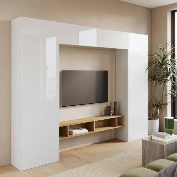 Parete attrezzata 246x186h cm soggiorno rovere chiaro bianco Sunset 1000