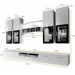 Parete attrezzata 300x190h cm soggiorno bianco lucido Barrie Gihome®