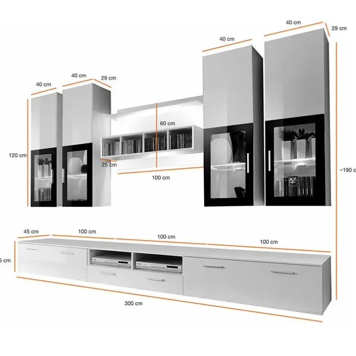 Parete attrezzata 300x190h cm soggiorno bianco lucido Barrie Gihome®